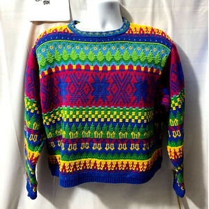 Liz Wear Sweater Womens S red and multi geometric Chunky Knit vtg made is USA